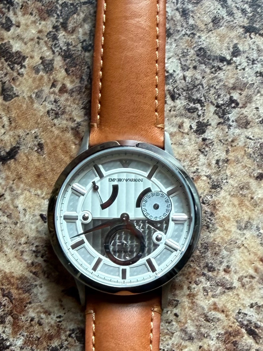 Emporio Armani Men's Watch Brown Tan Leather Strap Silver Dial